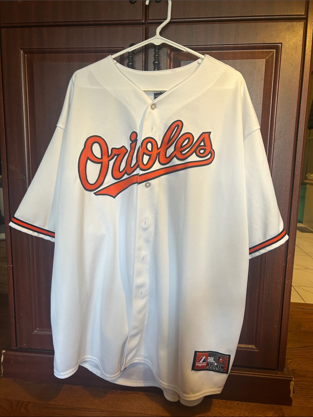 Majestic White Orioles Button-Down Jersey with Orange & Black Script